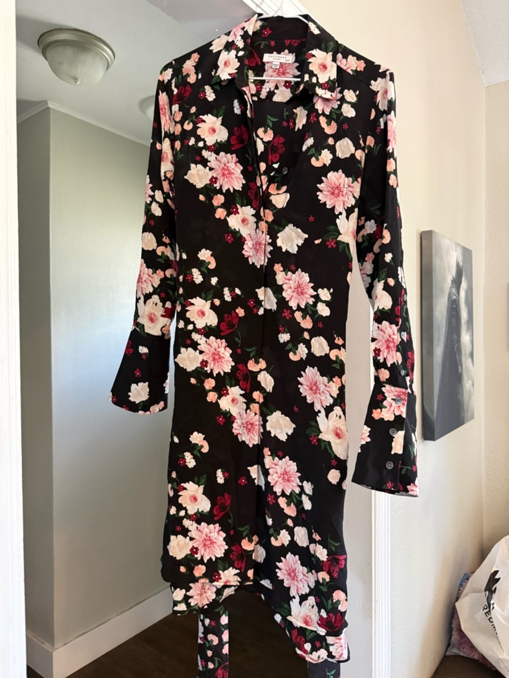 Equipment Black Floral Long-Sleeve Shirt Dress with Pink Blooms XS